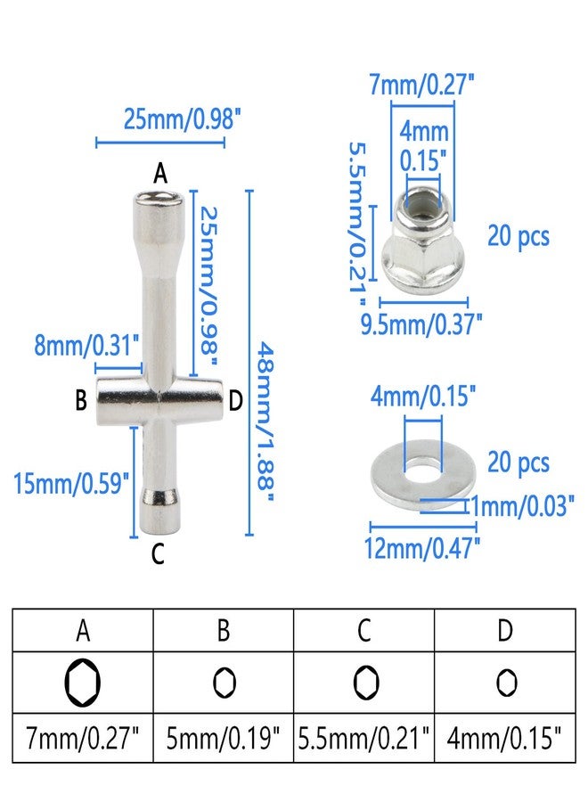 Rchobbytop 20 Pairs M4 Lock Nuts Serrated Flange Nylon Insert and M4 Flat Washers Cross Socket Wrench for 1/10 Traxxas Axial HPI Redcat HSP Model RC Vehicles Wheel, Silver - Image 3